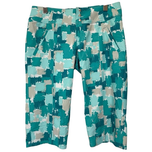 JoFit Golf Shorts Womens 8 Teal Gray Paint Splash Camo Patterned Capris Athletic - Picture 1 of 7